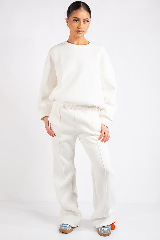 Elle White Fleece Cropped Wide Leg Tracksuit