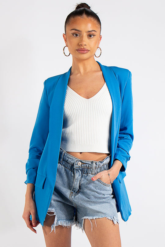 Lillie Blue Ruched Sleeve Blazer