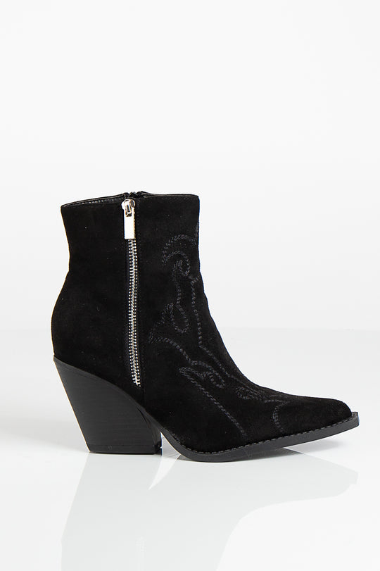 Myla Black Faux Suede Point Toe Stitch Detailing Western Style Ankle Boots