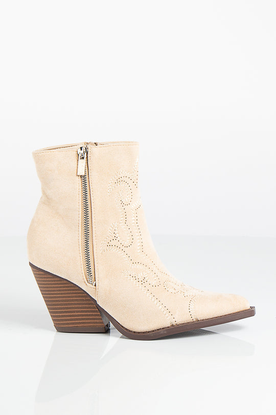 Myla Beige Faux Suede Point Toe Stitch Detailing Western Style Ankle Boots