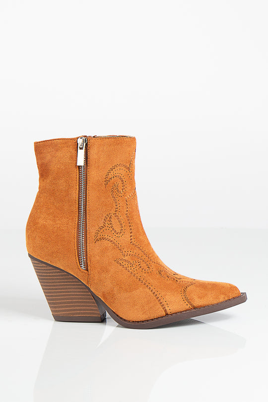 Myla Camel Faux Suede Point Toe Stitch Detailing Western Style Ankle Boots