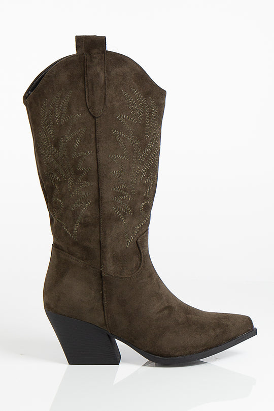 Camila Khaki Faux Suede Point Toe Stitch Detailing Western Style Calf Boots