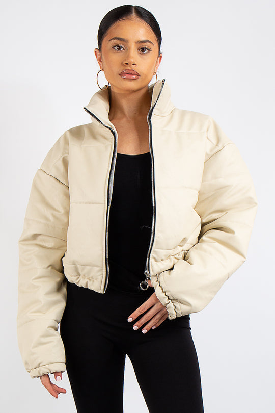 Leyla Beige Padded Cropped Faux Leather Puffer Jacket