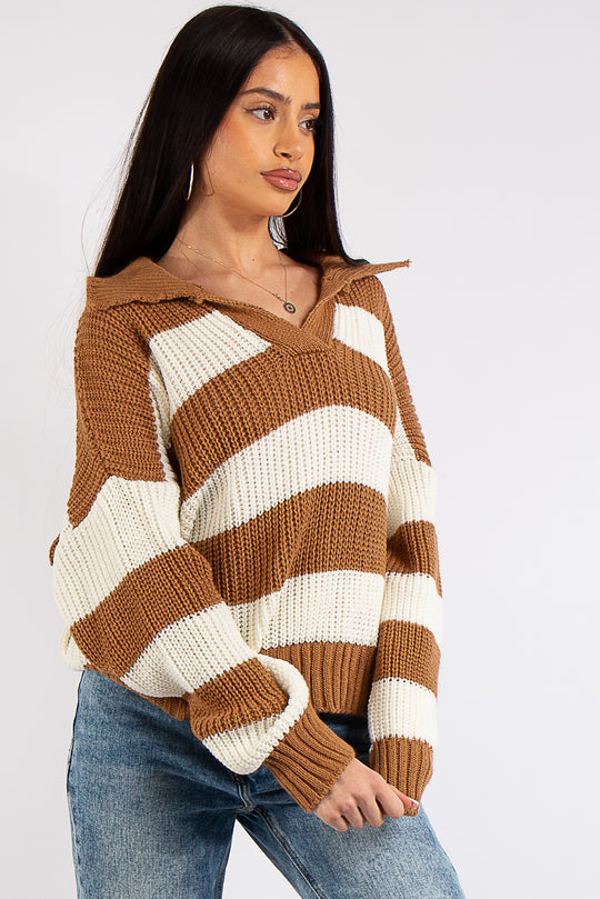 Lucia Camel Stripe Collar Knit Polo Jumper