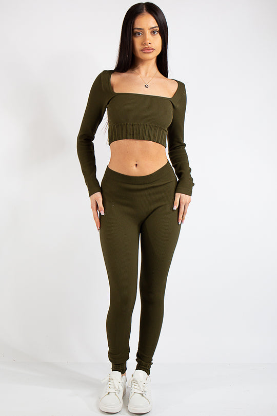 Brooke Khaki Square Neck Rib 2 Piece Co Ord Set