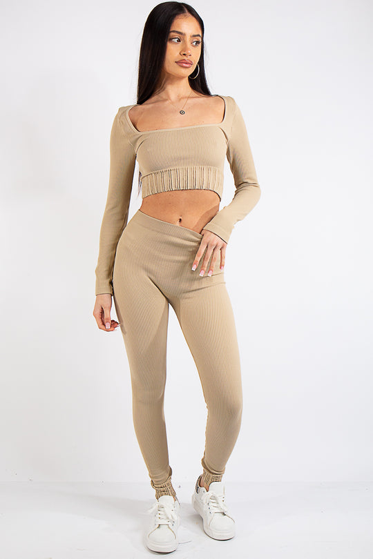 Brooke Beige Square Neck Rib 2 Piece Co Ord Set