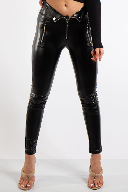 Aliza Black PU Elasticated Zip & Button Detail Leggings
