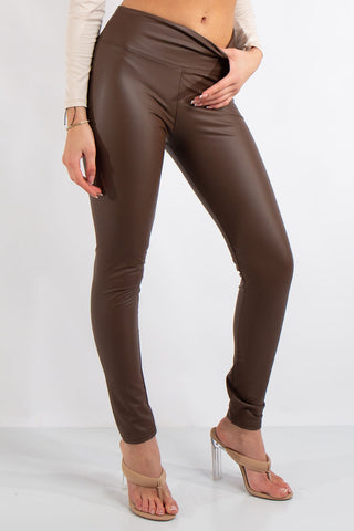 Athena PLUS SIZE Chocolate Brown High Waist Faux Leather Leggings