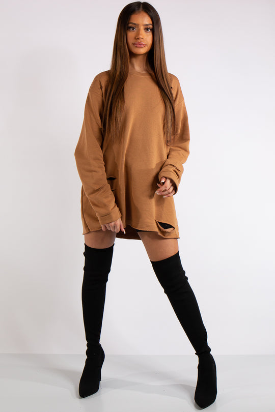 Thalia Camel Longline Distressed Sweatshirt