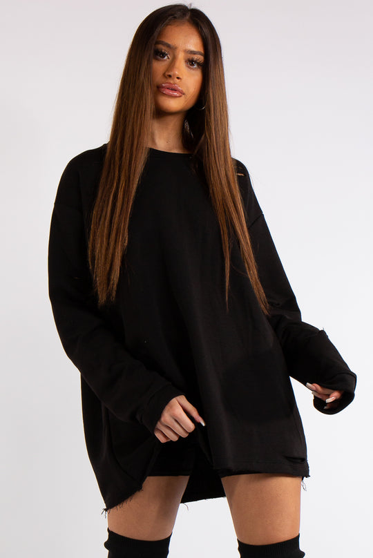 Thalia Black Longline Distressed Sweatshirt