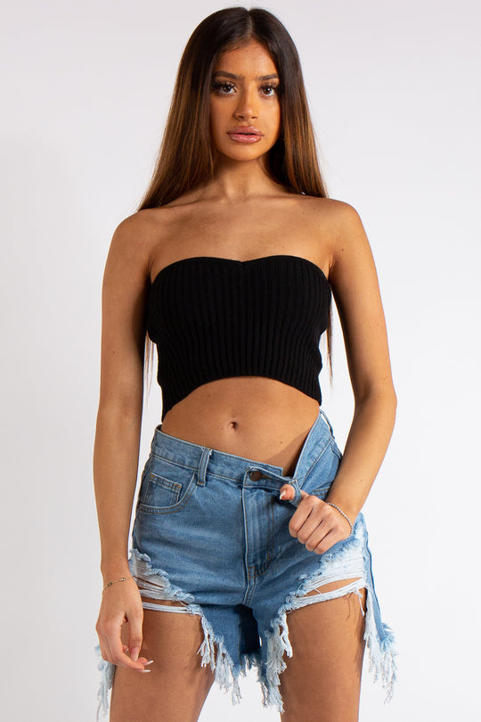 Adele Black Knitted Sweetheart Bandeau Top