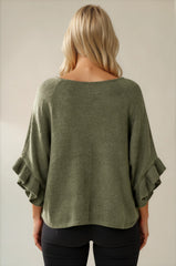 Ella Ruffle Sleeve Soft Knit Top - Khaki