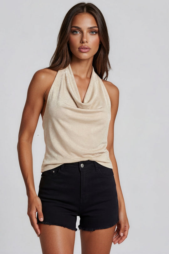 Lucia Draped Halter Neck Top – Beige