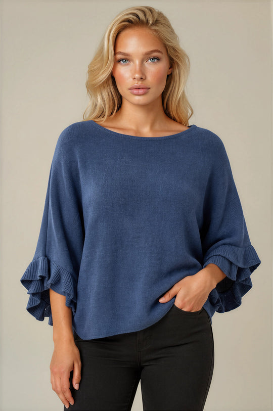 Ella Ruffle Sleeve Soft Knit Top - Denim Blue