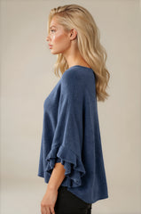 Ella Ruffle Sleeve Soft Knit Top - Denim Blue