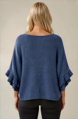 Ella Ruffle Sleeve Soft Knit Top - Denim Blue