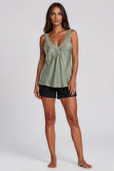 Skyler Satin Lace Trim Cami Top - Khaki