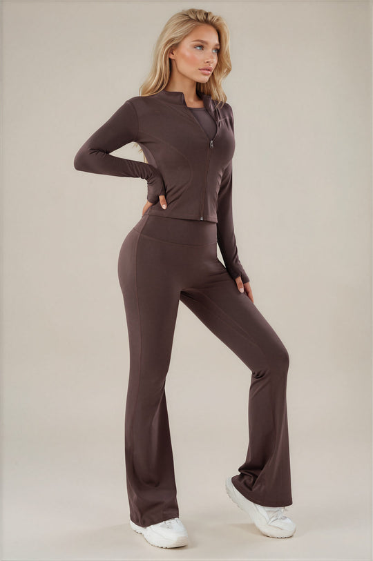 Amaya Ruched Bum Flared Zip Co-Ord Set - Chocolate
