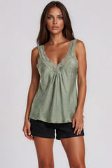 Skyler Satin Lace Trim Cami Top - Khaki