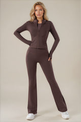 Amaya Ruched Bum Flared Zip Co-Ord Set - Chocolate