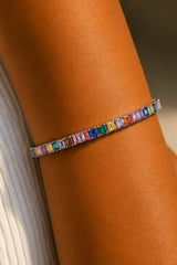 Rectangle Multi Colour Cubic Zircon Tennis Bracelet – Silver