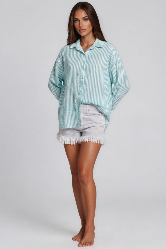 Amelia Striped Oversized Cheesecloth Shirt - Aqua