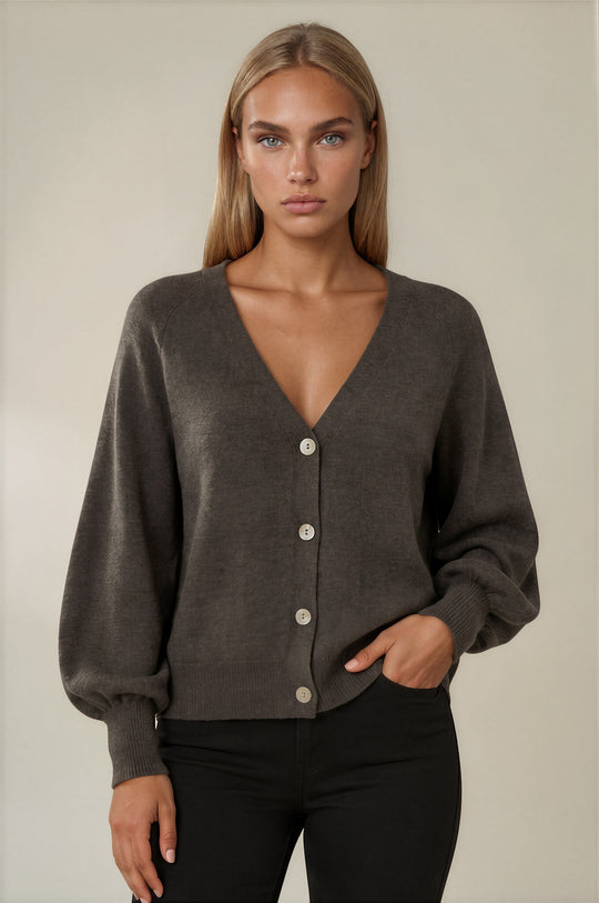 Millie Button Front Balloon Sleeve Cardigan - Chocolate