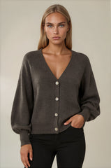 Millie Button Front Balloon Sleeve Cardigan - Chocolate