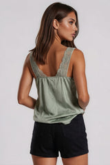 Skyler Satin Lace Trim Cami Top - Khaki