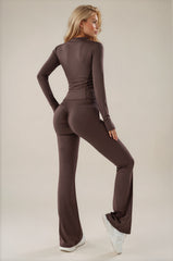 Amaya Ruched Bum Flared Zip Co-Ord Set - Chocolate