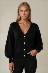 Millie Button Front Balloon Sleeve Cardigan - Black