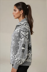Florence Bandana Knit Two-Way Zip Cardigan – Grey