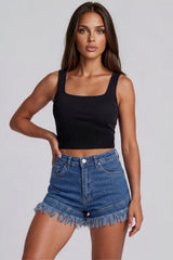 Matilda High Waisted Frayed Hem Stretch Denim Shorts - Dark Wash