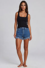 Matilda High Waisted Frayed Hem Stretch Denim Shorts - Dark Wash