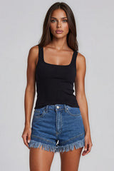 Matilda High Waisted Frayed Hem Stretch Denim Shorts - Dark Wash