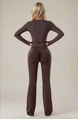 Amaya Ruched Bum Flared Zip Co-Ord Set - Chocolate