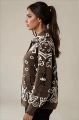 Florence Bandana Knit Two-Way Zip Cardigan – Chocolate Brown
