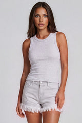 Matilda High Waisted Frayed Hem Stretch Denim Shorts - White