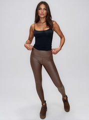 Athena High Waist Faux Leather Leggings - Chocolate Brown
