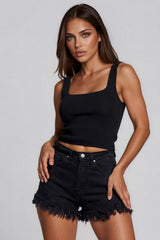 Matilda High Waisted Frayed Hem Stretch Denim Shorts - Black