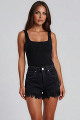 Matilda High Waisted Frayed Hem Stretch Denim Shorts - Black