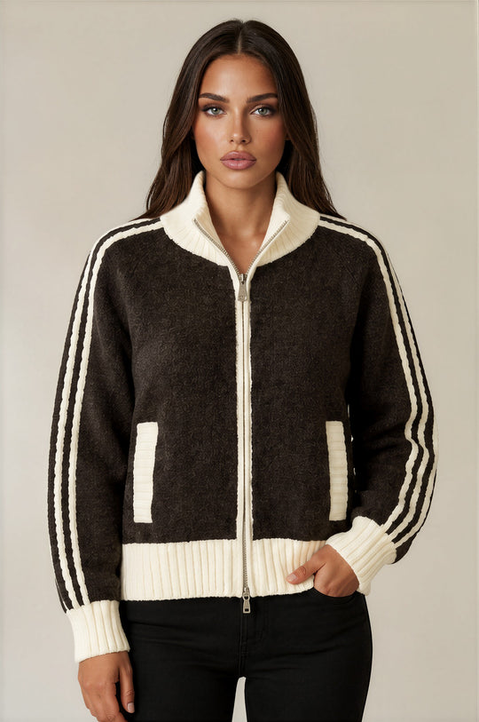 Willow Contrast Stripe Zip Knit Cardigan – Coffee