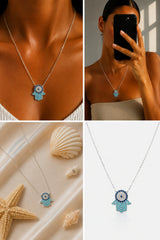 Diamante Hamsa Hand Necklace – Silver