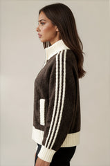 Willow Contrast Stripe Zip Knit Cardigan – Coffee