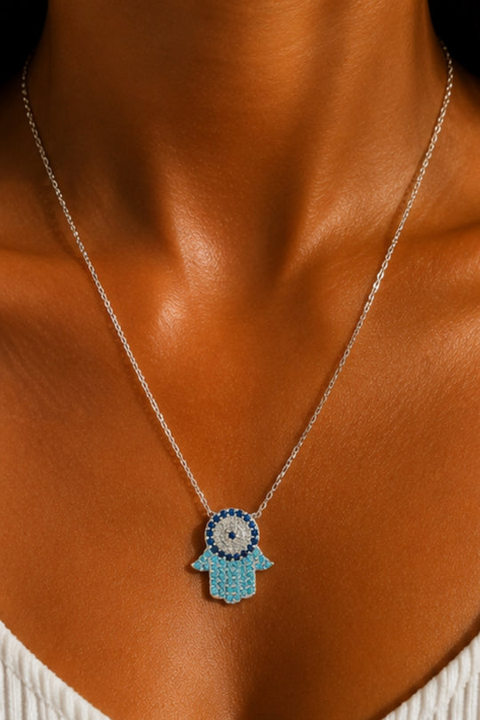 Diamante Hamsa Hand Necklace – Silver
