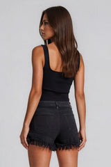 Matilda High Waisted Frayed Hem Stretch Denim Shorts - Black