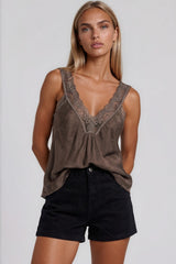 Skyler Satin Lace Trim Cami Top - Mocha Brown