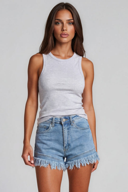 Matilda High Waisted Frayed Hem Stretch Denim Shorts - Light Wash