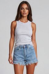 Matilda High Waisted Frayed Hem Stretch Denim Shorts - Light Wash