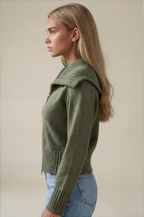 Emily Oversized Collar Zip Knitted Cardigan - Khaki